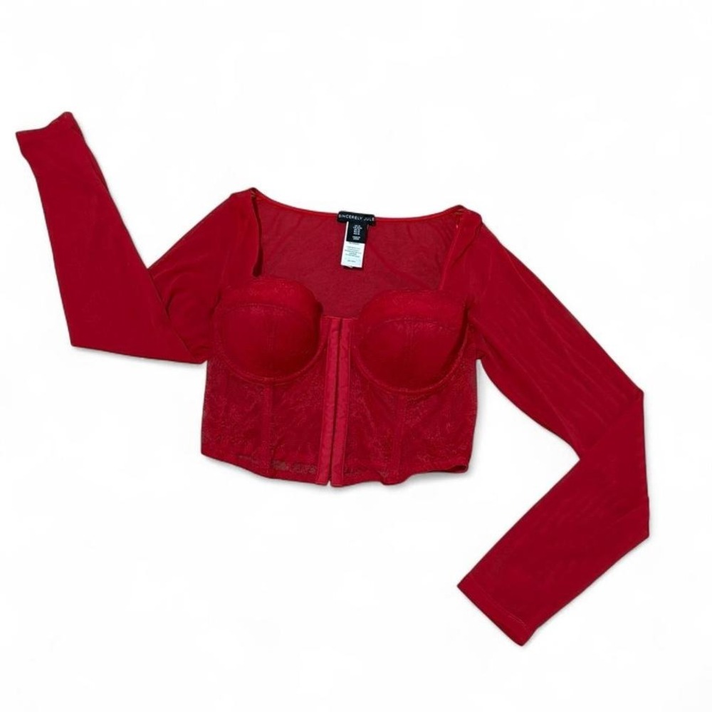 Sincerely Jules Red lace corset crop top sexy, hook closure, mesh long sleeves